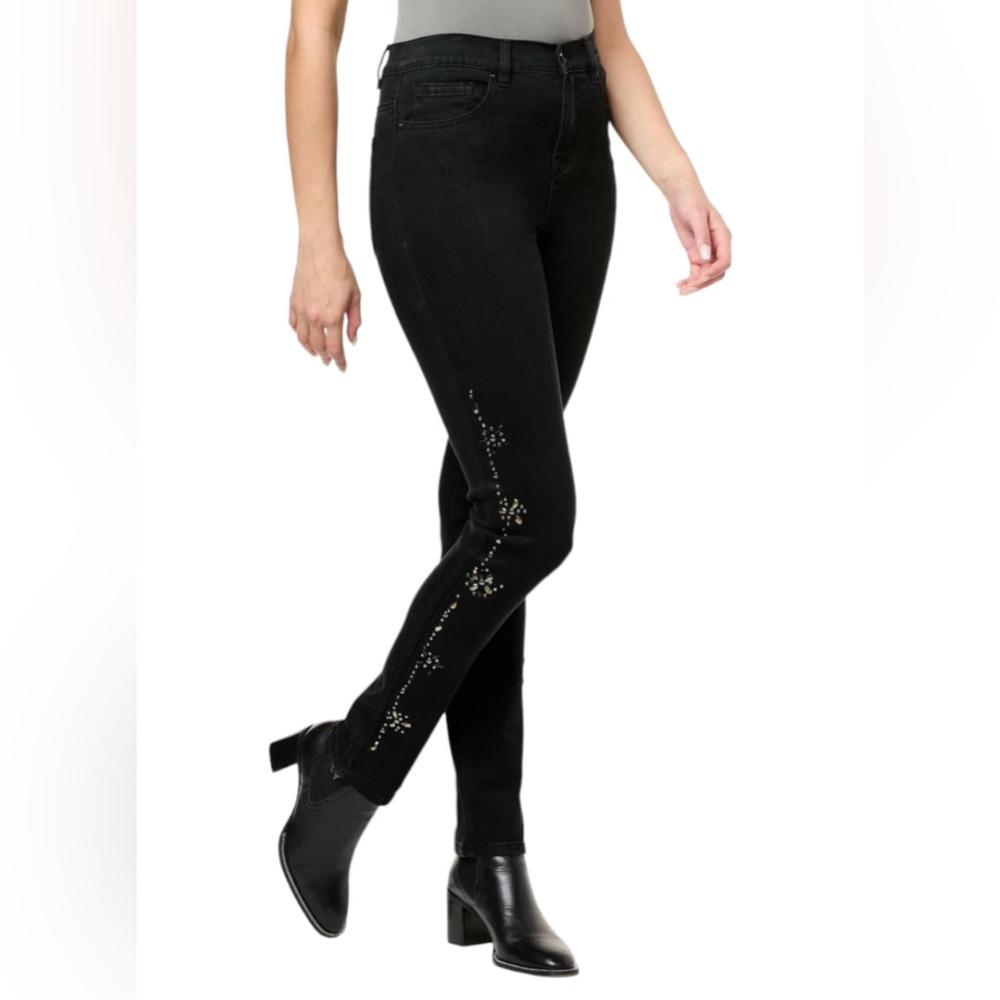 NWT DG2 by Diane Gilman New Classic Stretch Embellished Skinny Jean, Black, 10T